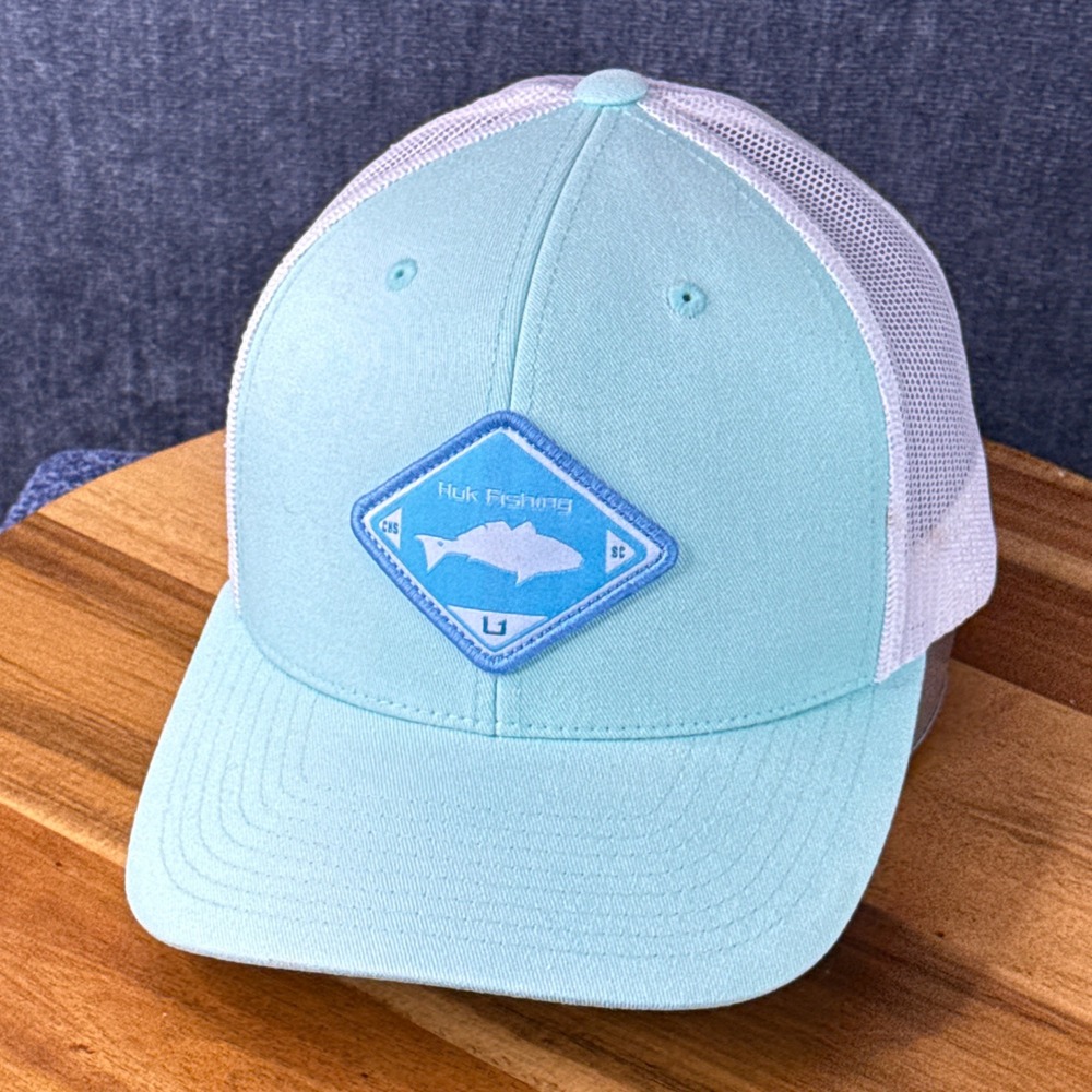 Huk Fishing Trucker Hat OSFA Light Blue Cotton Blend Snapback Patch Cap